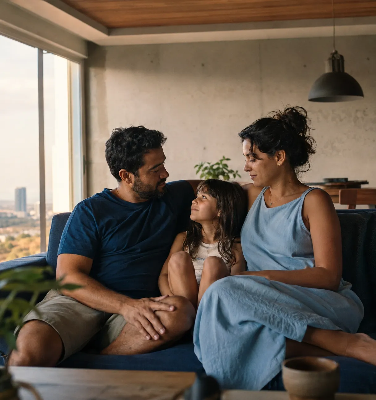 Família reunida no sofá da sala, em uma tarde em Brasília
