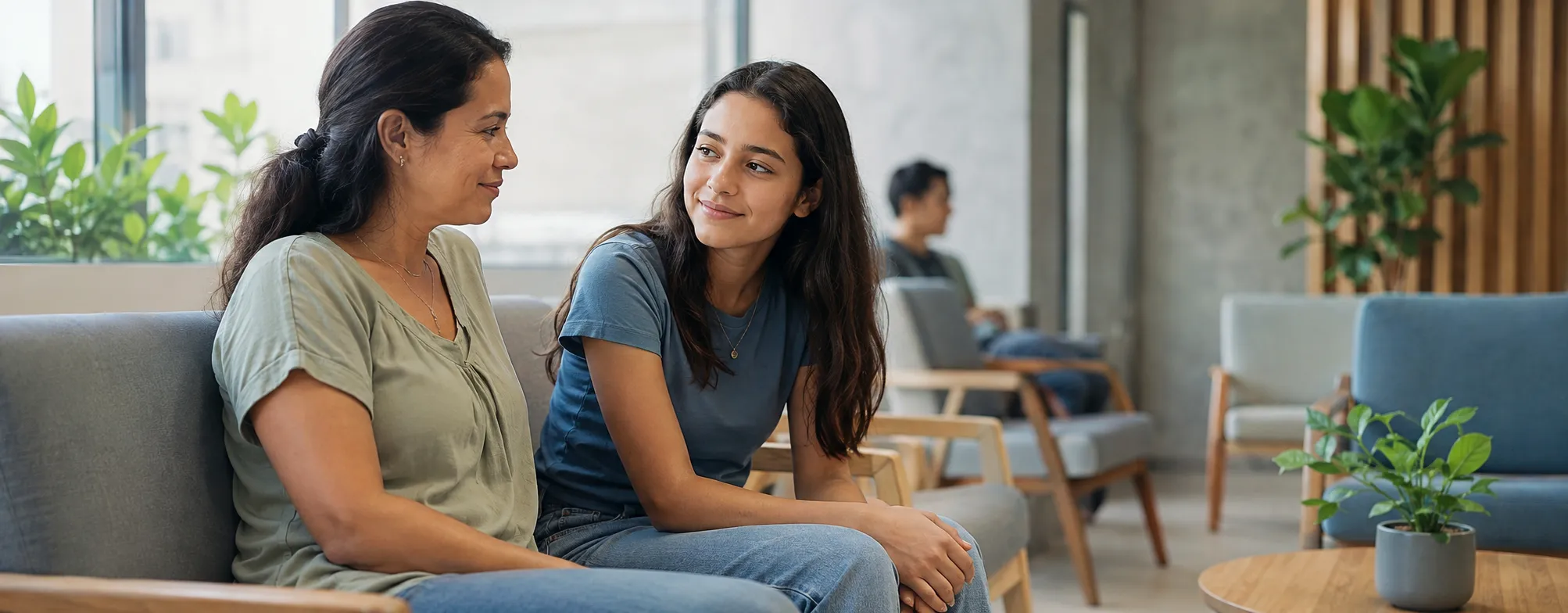 Mãe e filha adolescente conversando na recepção de uma clínica
