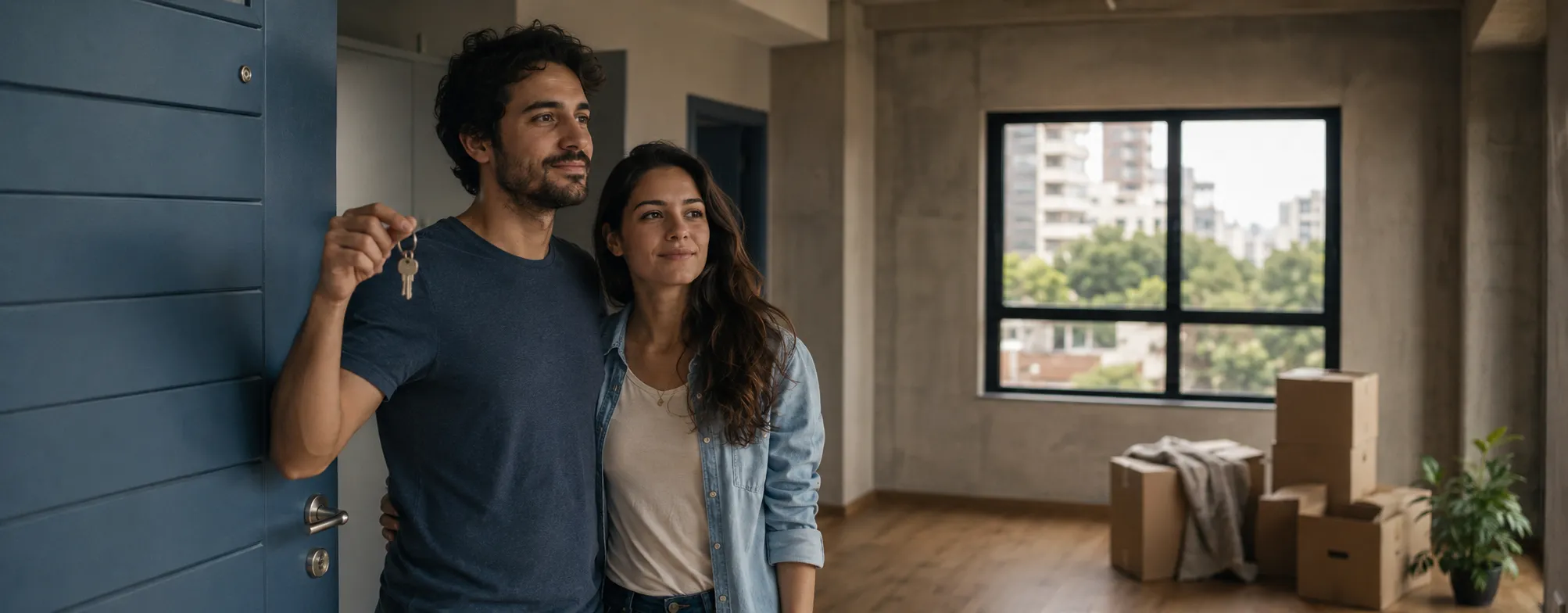 Casal na porta do apartamento novo, segurando as chaves