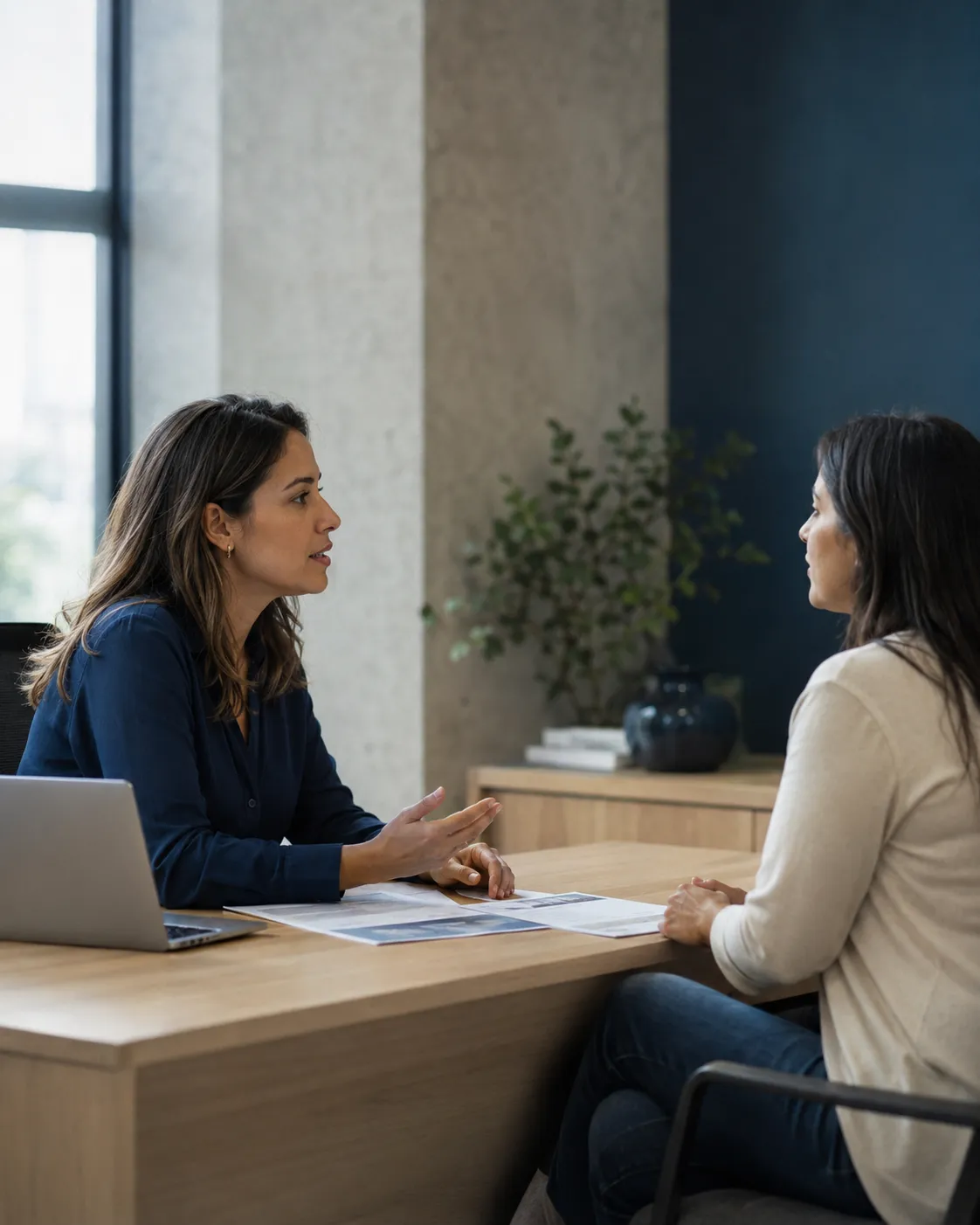 Consultora da DF Corretora conversando com uma cliente sobre as opções de plano