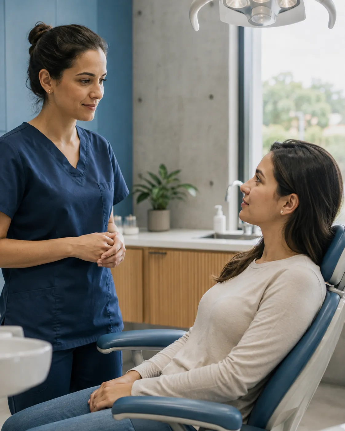 Dentista conversando com a paciente antes do atendimento