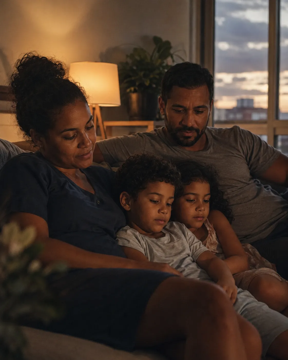 Família reunida no sofá da sala no fim do dia